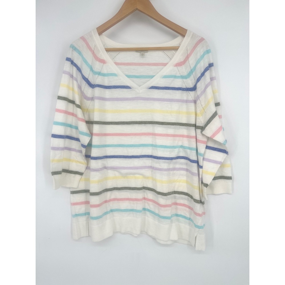 Talbots Sweater Women 2X White Rainbow Stripe Cotton V Neck Coastal Preppy